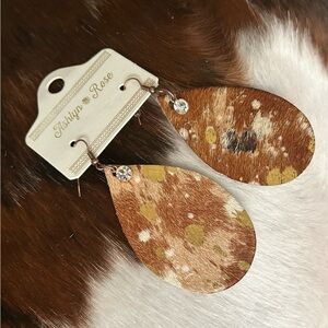 Handmade Cowhide Tear Drop Earrings With Gold & Crystal Accents